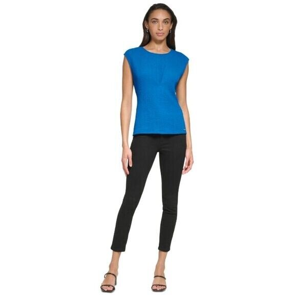 CALVIN KLEIN Cap Sleeve Pleated V-Bodice Textured Blue Blouse NWT