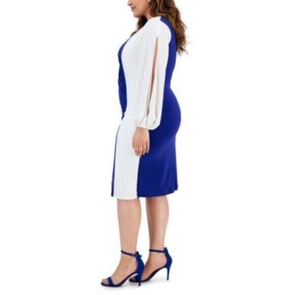KASPER Plus Size Blue and White Colorblocked Split-Sleeve Dress NWT
