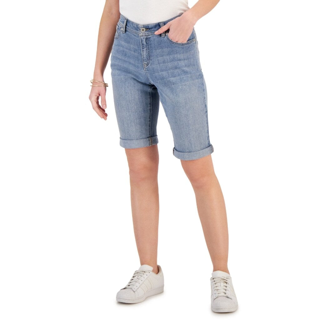 I.N.C. International Concepts Women's 0 Mid-Rise Light Denim Bermuda Shorts.