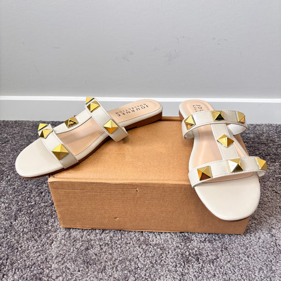 Journee Collection Women's 7.5 Beige Khaki Kendall Gold Studded Sandals NIB