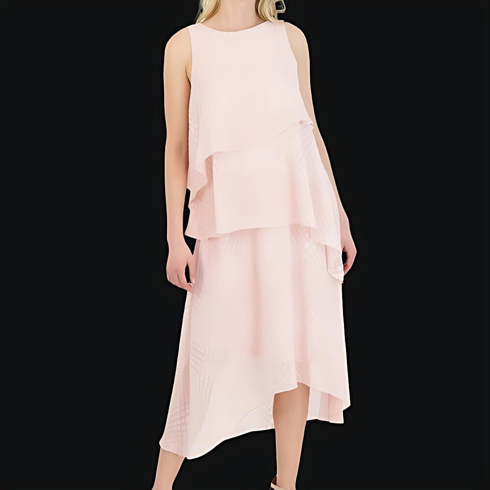 Donna Ricco Tiered Dress Boat-Neck Sleeveless Asymmetrical Design Pink W 6 NWT