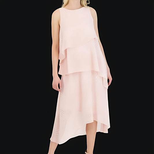 Donna Ricco Tiered Dress Boat-Neck Sleeveless Asymmetrical Design Pink W 6 NWT