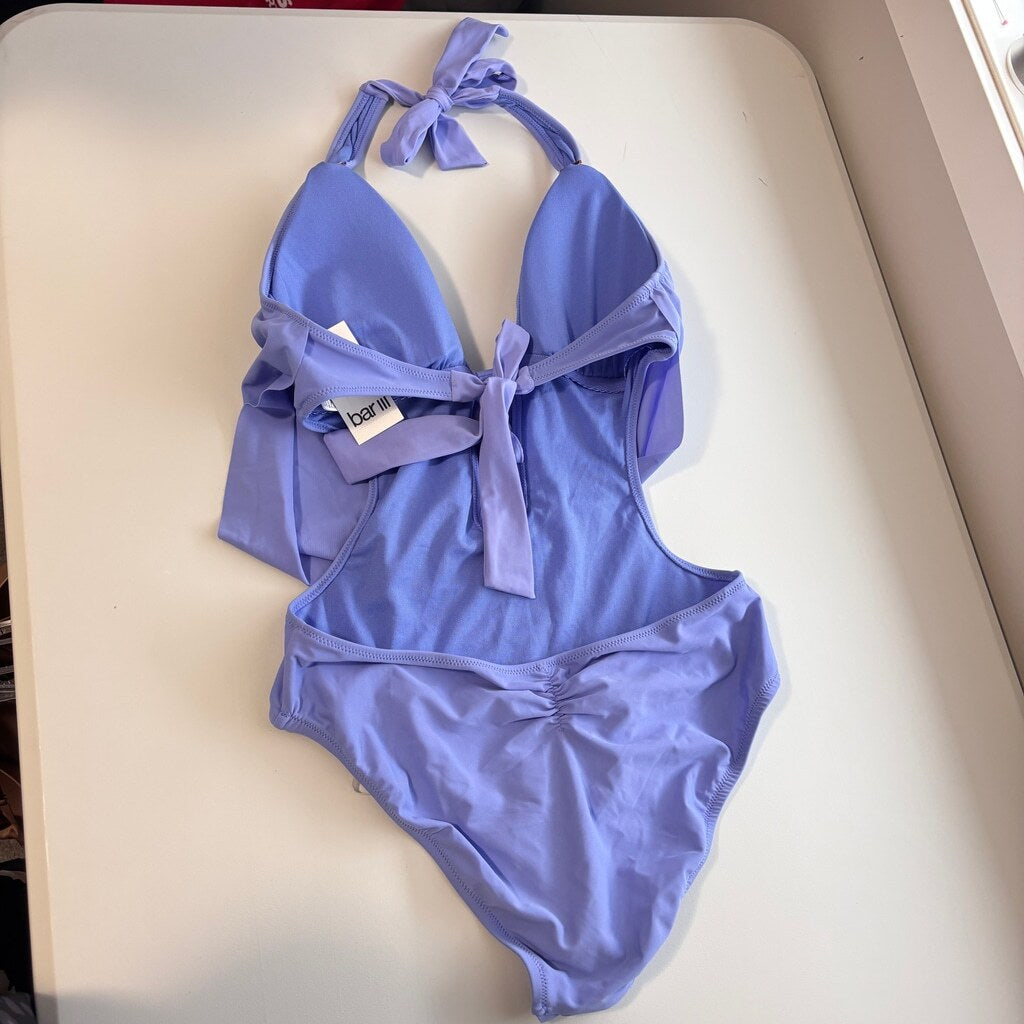 Bar III Women's Size Medium Blue Solid Cowlneck One-Piece Plunge Swimsuit NWT