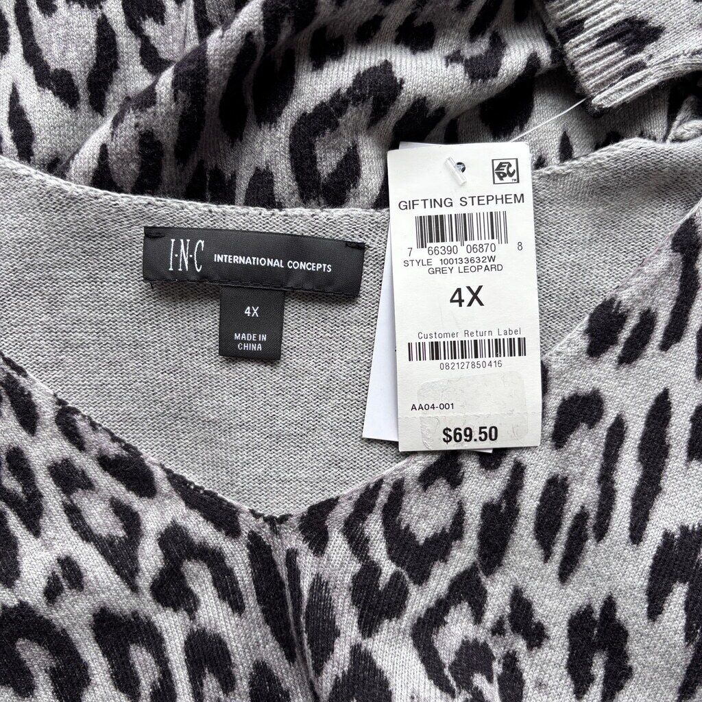 INC International Concepts Plus Size 4X Grey Leopard-Print V-Neck Sweater NWT