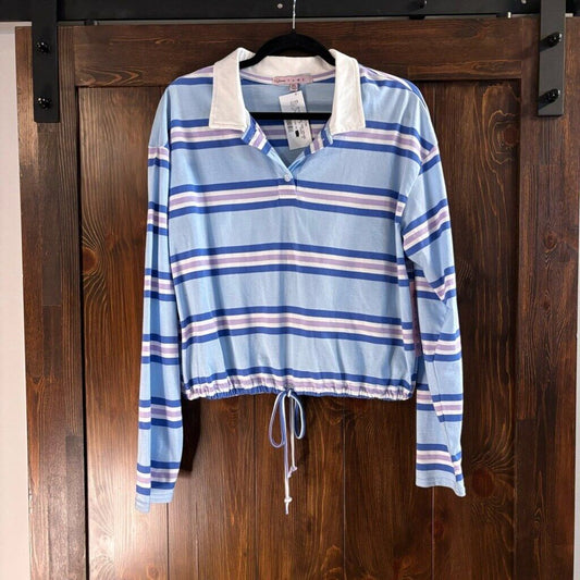 Crave Fame Juniors' Size XL Blue Striped Tie-Hem Long Sleeve Polo Shirt NWT