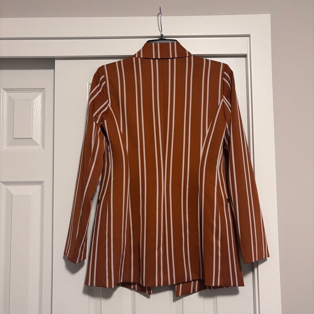 Bar III Women's Brown & White Striped Faux Double Breasted Blazer Jacket NWT