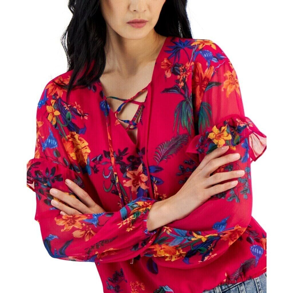 INC International Concepts Women's Pink Lace-Up Ruffle-Sleeve Blouse NWT