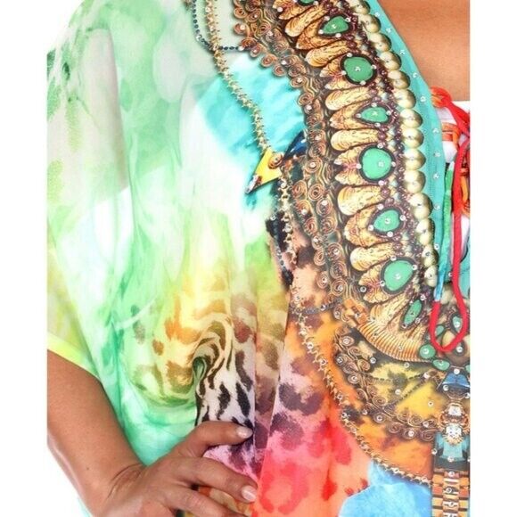 WHITE MARK Plus Size Short Bright and Colorful Caftan with Tie-Up Neckline NWT