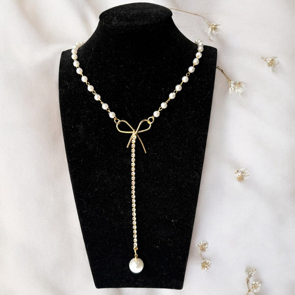Bowknot Crystal Pendant Necklace Faux Pearl Gold Chain Elegant Jewelry NWT