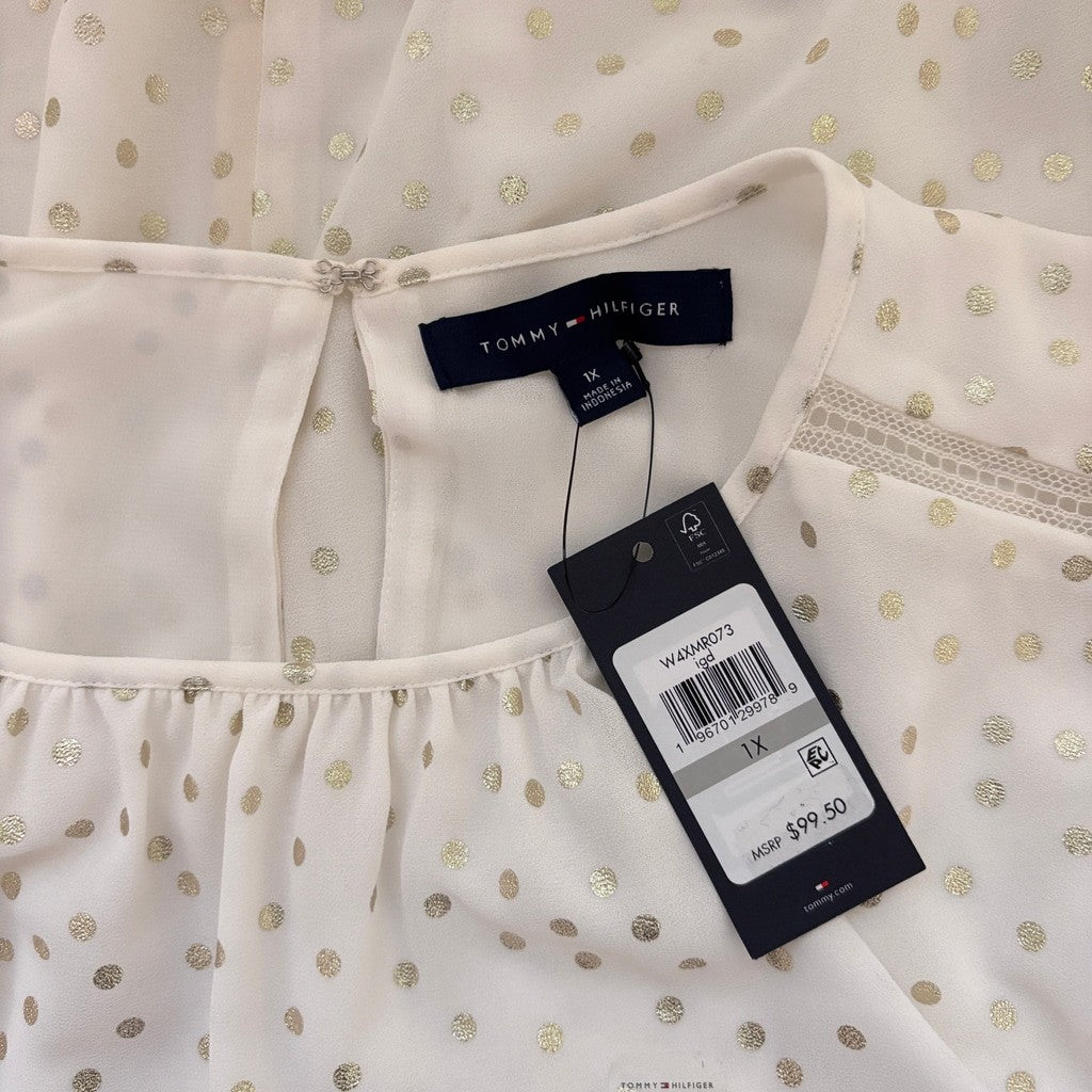 Tommy Hilfiger Plus Size 1X White w/ Gold Metallic-Dot Bloused Peasant Top NWT