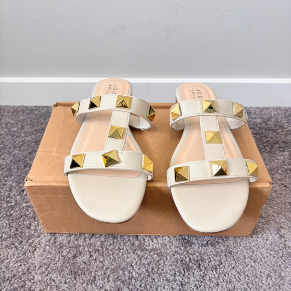 Journee Collection Women's 7.5 Beige Khaki Kendall Gold Studded Sandals NIB