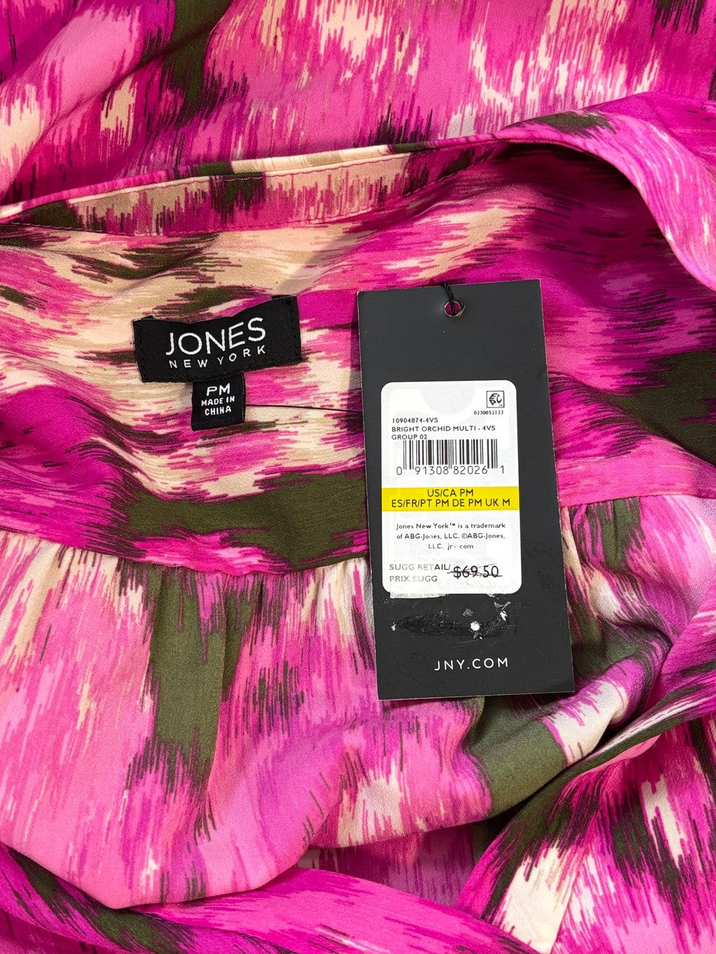 Jones New York Size Medium Petite Bright Pink Multi Print Blouse NWT
