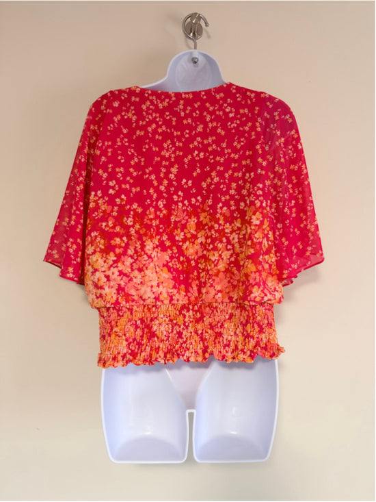 Sam & Jess Women's Petite Large Pink Floral-Print Sleeves Smocked Top NWT