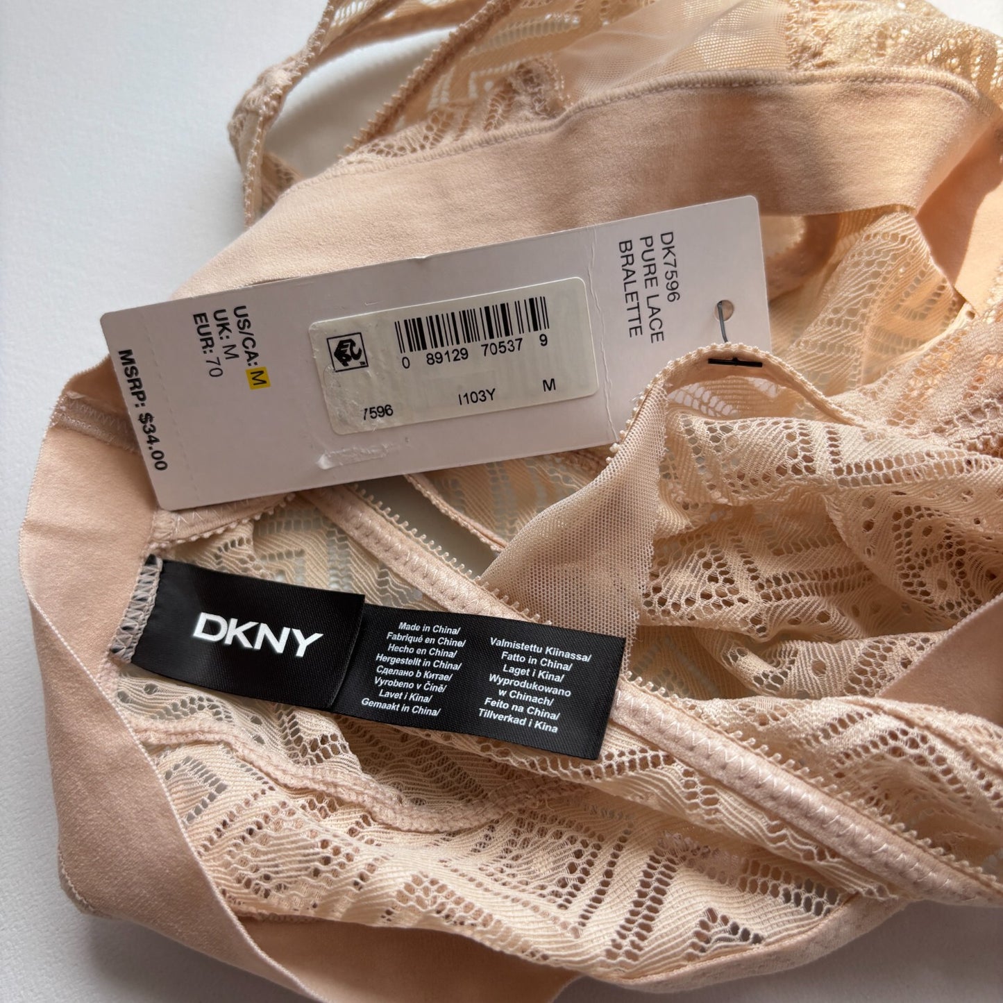 DKNY Women's Beige Lace Bralette w/ Stretchy Lace & Elastic Band Support NWT