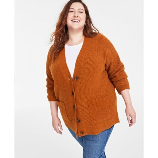 On 34th Plus Size Long Patch Chunky Knit Pocket Pecan Brown Cardigan NWT