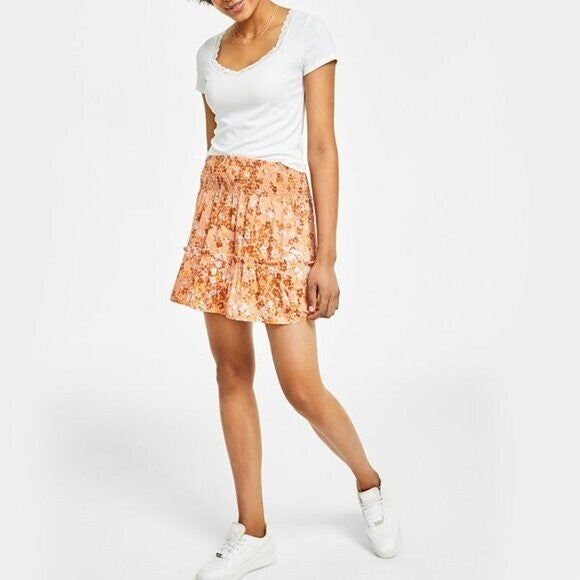 Hippie Rose Juniors' M Printed Floral Pink & Orange Smocked-Waist Mini Skirt NWT