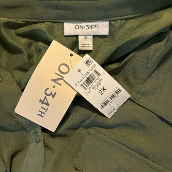 On 34th Plus Size Green Long-Sleeve Belted Shirtdress NWT