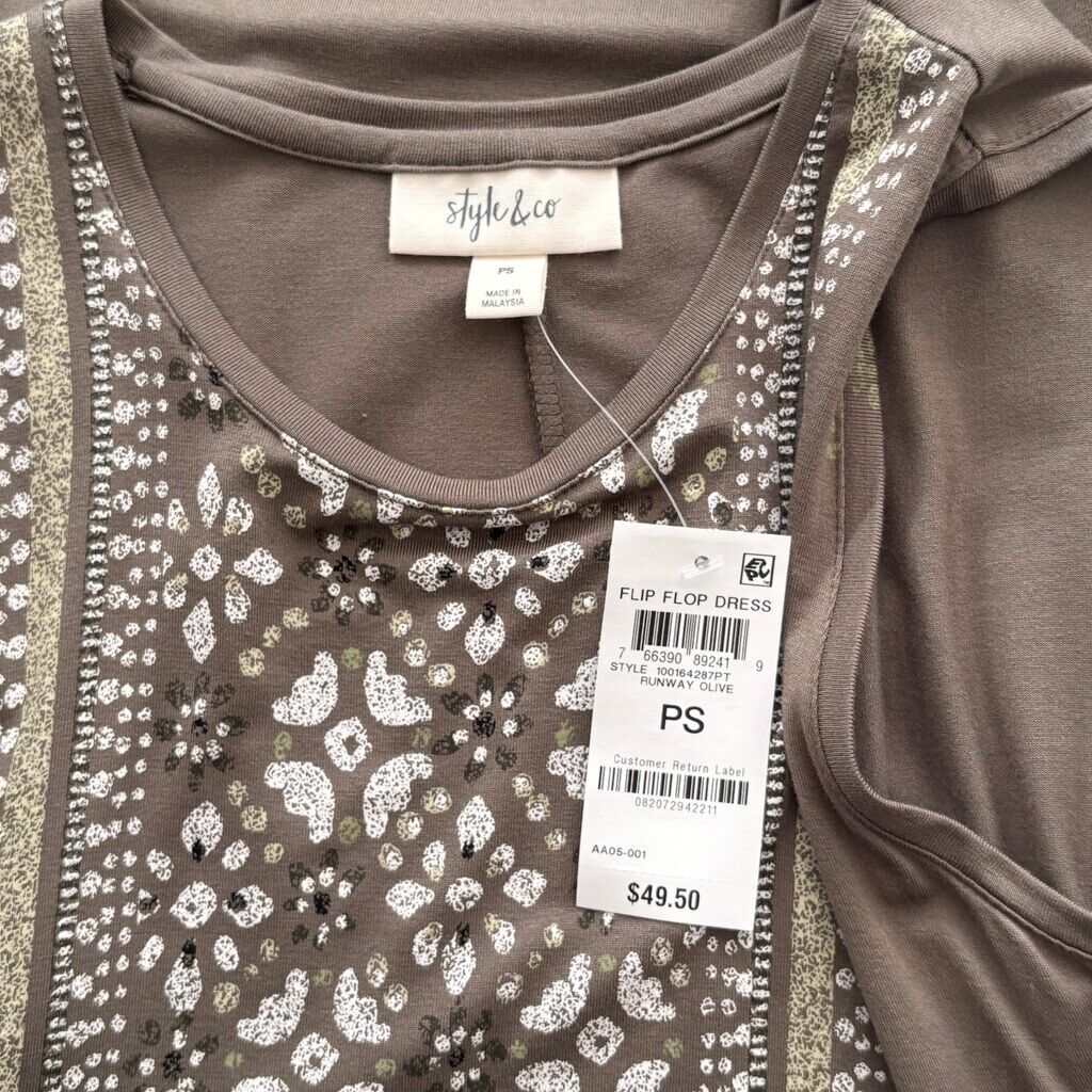 Style & Co. Women's Small Petite Brown Printed Sleeveless Flip Flop Dress NWT