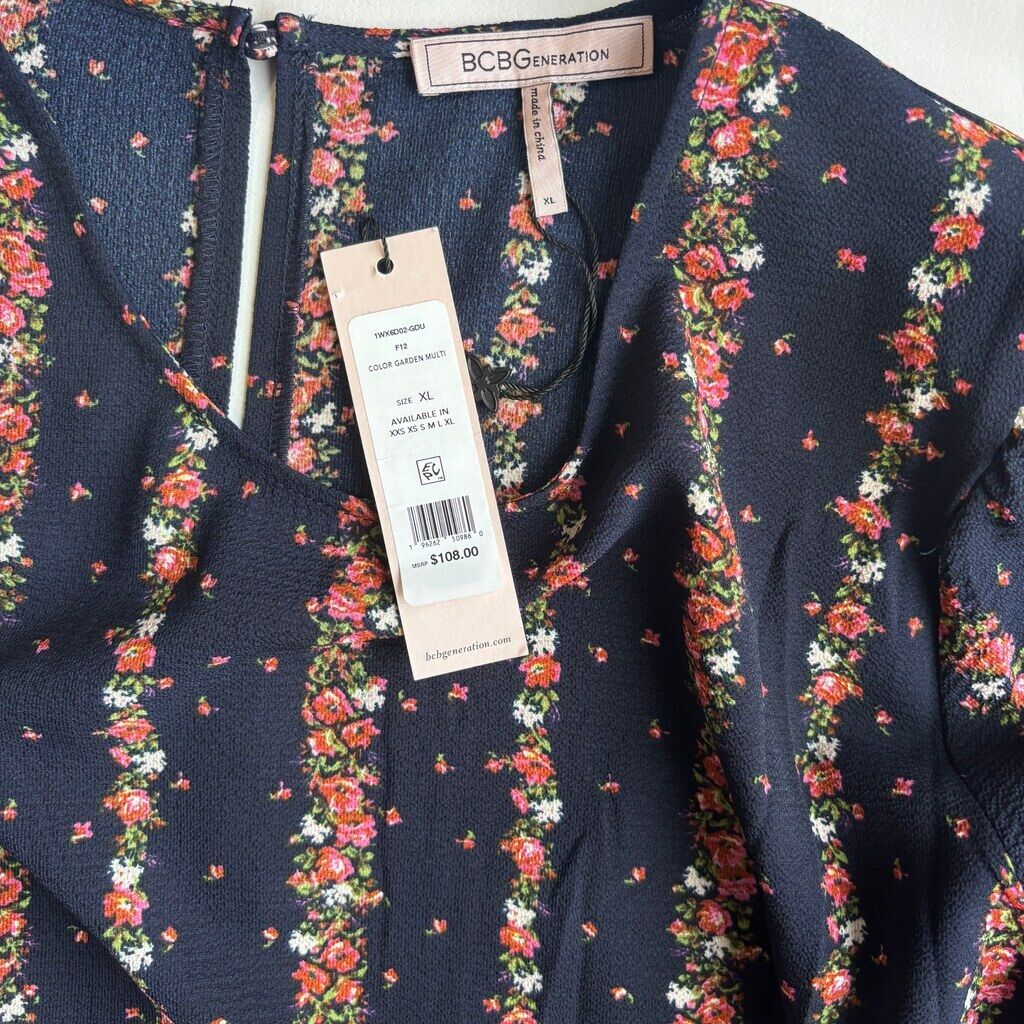 BCBGeneration Women's XL Navy Blue Floral-Striped Long-Sleeve Mini Dress NWT