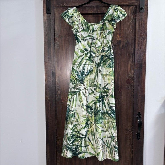 TAYLOR Cotton Printed Bow-Tie Maxi Dress, Green & White NWT