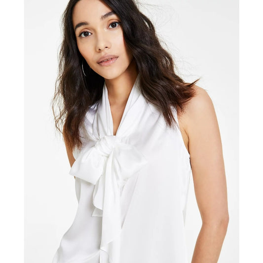 Bar III Women's Size XXS White Tie-Neck Sleeveless Satin Blouse NWT