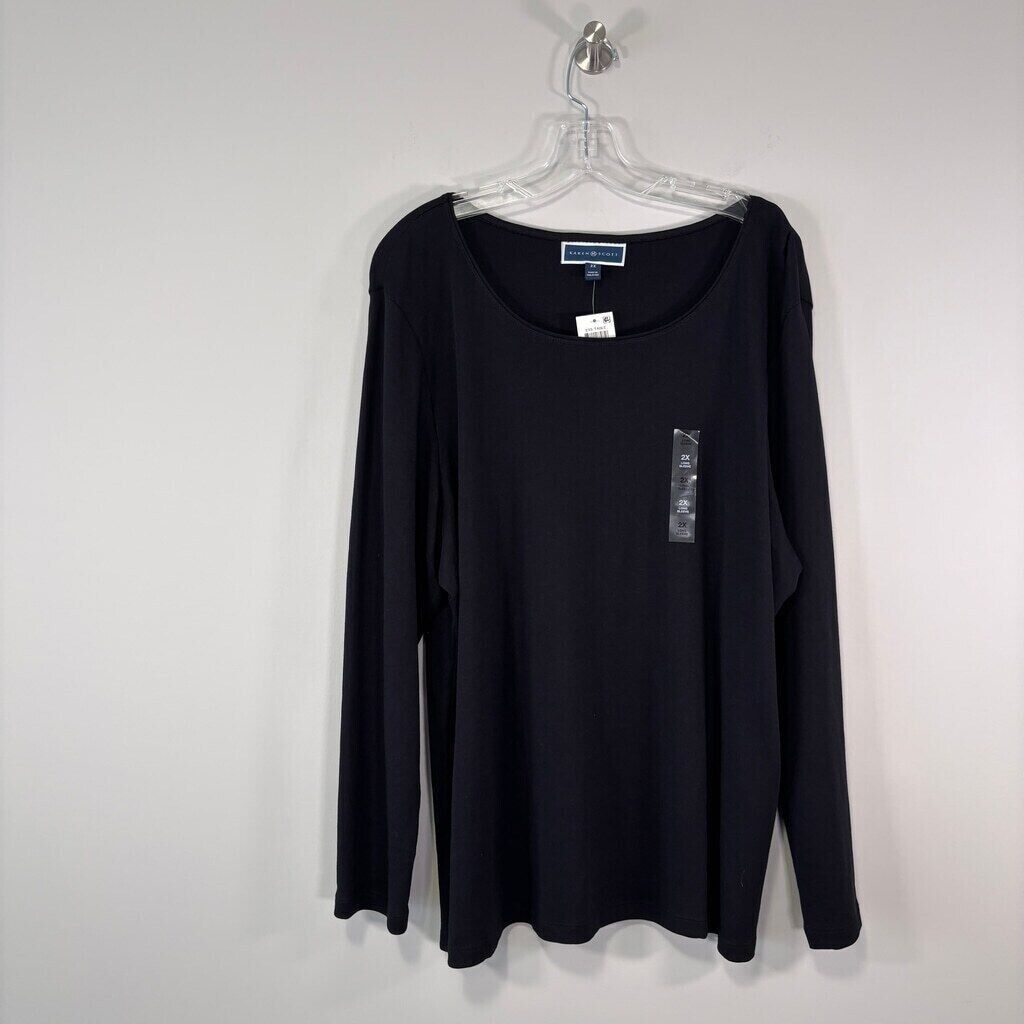 Karen Scott Women's Plus Size 100% Cotton Black Long Sleeve Casual Top NWT