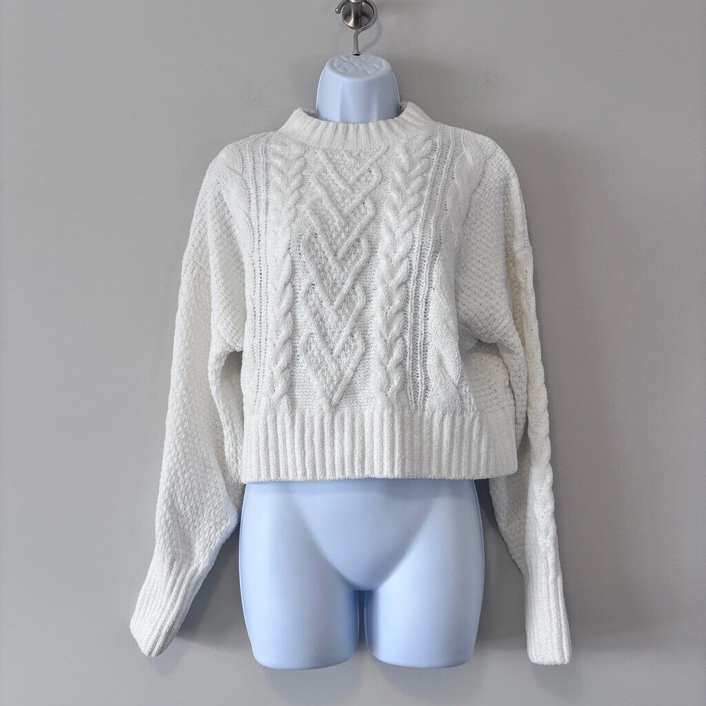 Hippie Rose Medium White Soft & Cozy Cable-Knit Mockneck Cropped Sweater NWT