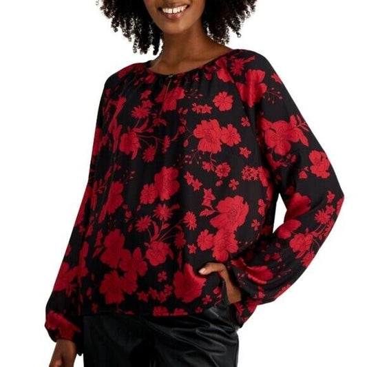 Tinsel Petite PXS Black & Red Floral Front-Keyhole Blouson-Sleeve Blouse/Top NWT