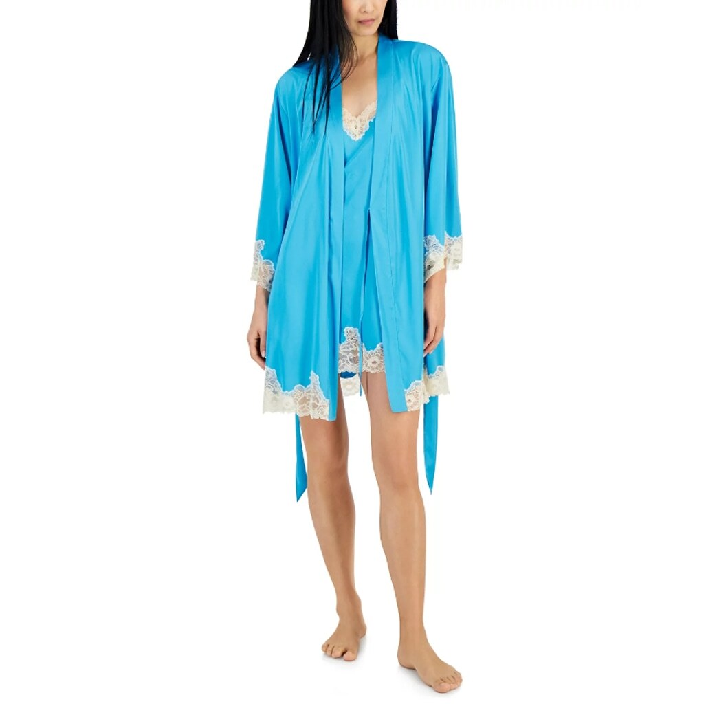 INC International Concepts Women's Blue w/ Lace-Trim Stretch Satin Robe NWT