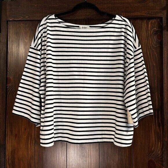 On 34th Plus Size Heavyweight Cotton Black & White Striped Boat-Neck Top NWT.