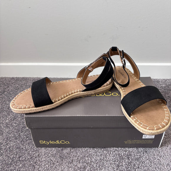 Style & Co Women's 6 Black & Tan Ankle-Strap Espadrille Flat Sandals NIB