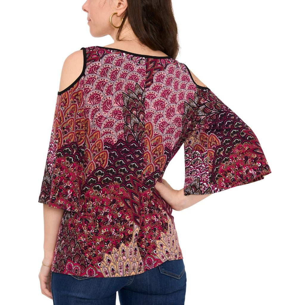 Sam & Jess Women's Medium Petite Purple Paisley Cold-Shoulder Knit Top NWT