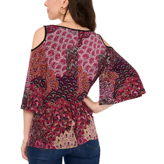 Sam & Jess Women's Medium Petite Purple Paisley Cold-Shoulder Knit Top NWT
