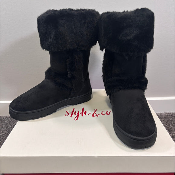 Style & Co Women's Size 5 Suede & Fuzzy Black Witty Winter Boots NIB