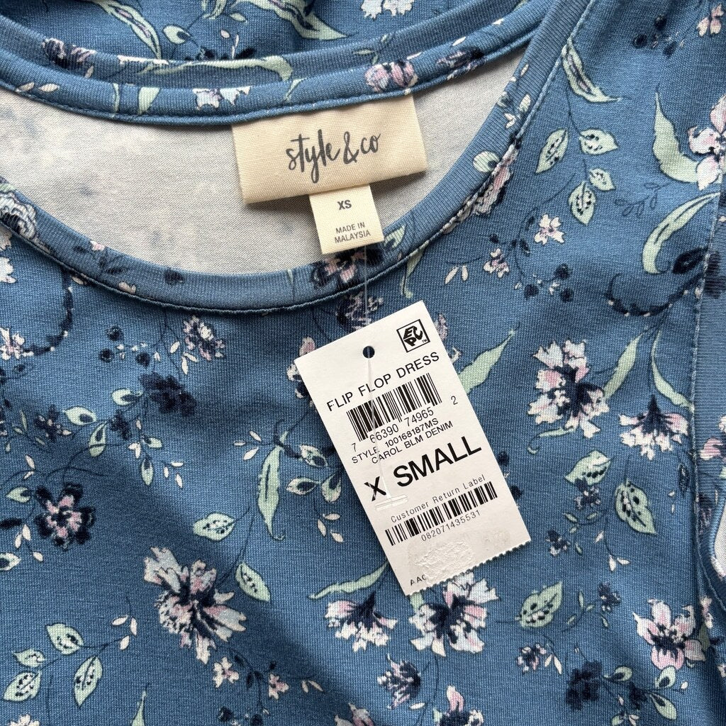 Style & Co. Women's Size XS Blue Flora Printed Flip-Flop Summer Dress NWT