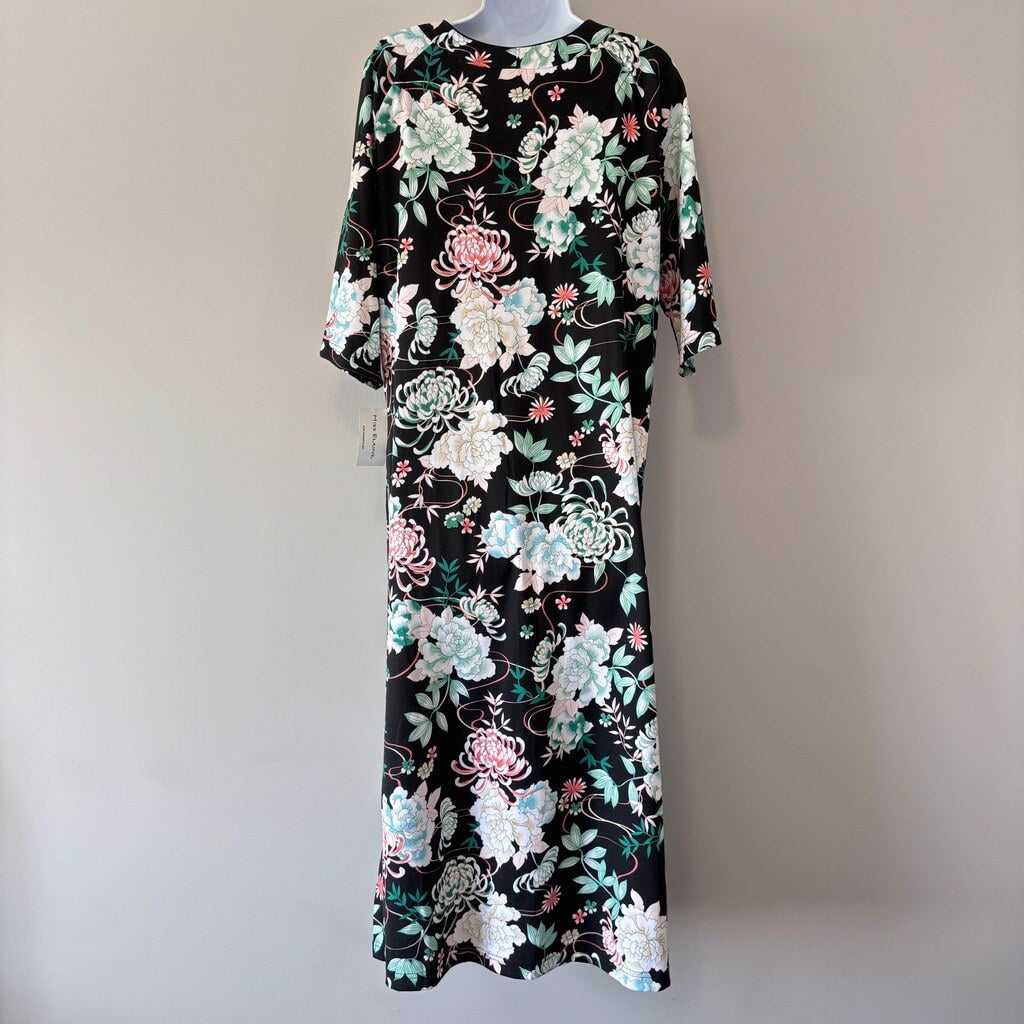 Miss Elaine Women's Black and Floral Printed 3/4-Sleeve Zip-Front Long Robe NWT