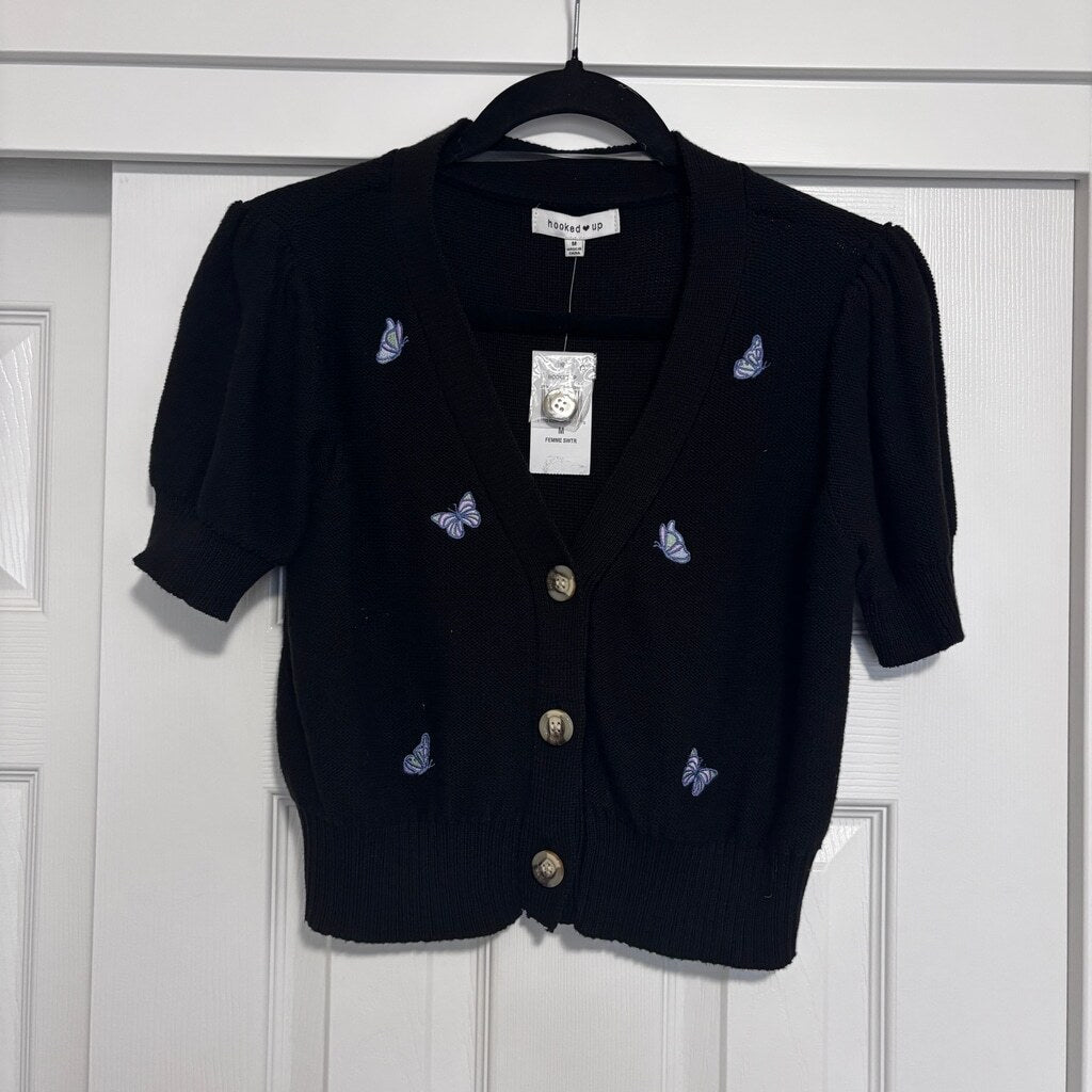 Hooked Up Juniors' M Puff-Sleeve Embroidered Butterfly Cardigan Sweater NWT