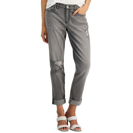 INC International Concepts Women's 2 Grey Mid Rise Ripped Straight-Leg Jeans NWT