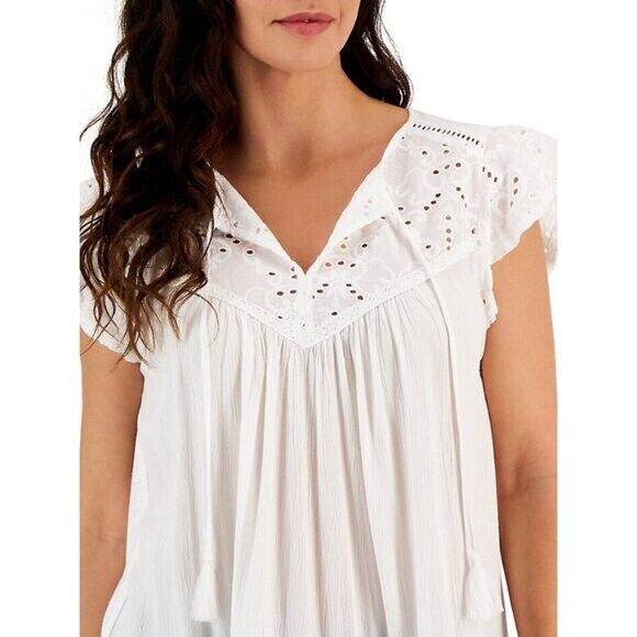 Style & Co. Petite Medium White Eyelet Lace Sleeveless Peasant Blouse NWT