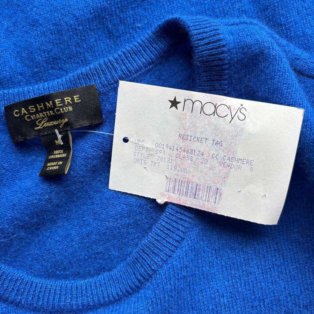 Charter Club 100% Cashmere Women's Medium Blue Long-Sleeve Crewneck Sweater NWT