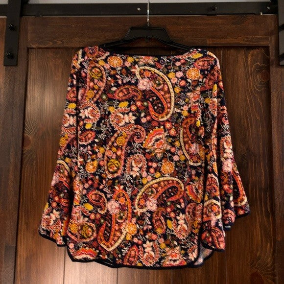 Sam & Jess Petite Medium Contrast-Trim Colorful Paisley Bell-Sleeve Top NWT