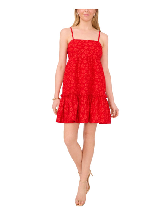 CeCe Women's XS Red Floral Textured Babydoll Square-Neck Midi Dress NWT