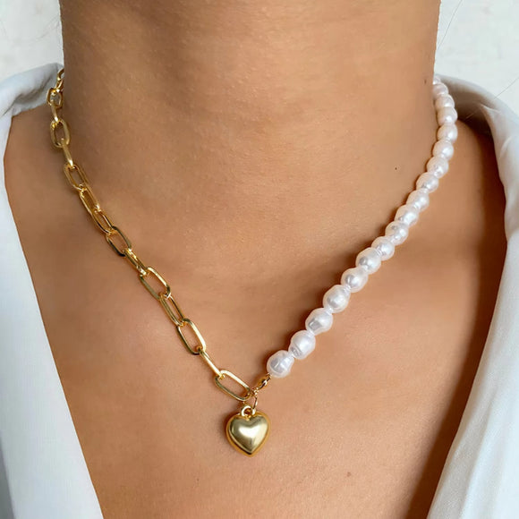 Retro Beaded Faux-Pearl Choker Necklace Asymmetric Heart Gold Colored Chain NWT