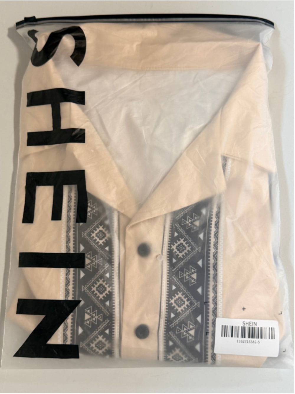 Shein Men's Size Small Beige and Black Button-Down Shirt with Tribal Print NWT