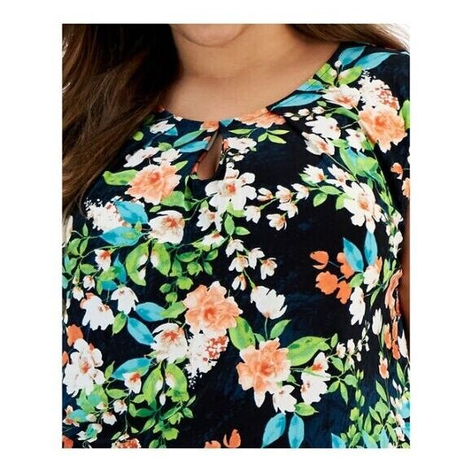KASPER Plus Size 3X Floral-Print Keyhole Cap Sleeve Stretchy Top NWT