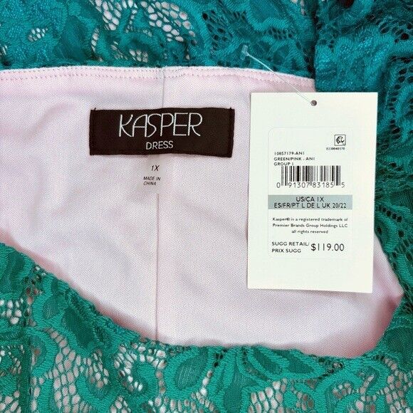 KASPER Plus Size Laurissa Green Lace over Pink Sheath Dress NWT