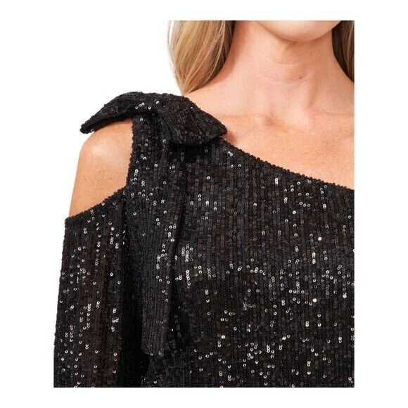 CECE Women's Black Long Sleeve Sequin Bow Detail One-Shoulder Top NWT