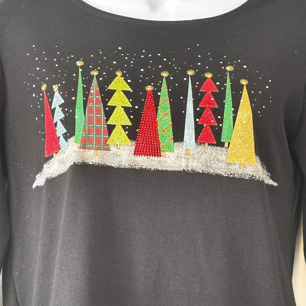 Karen Scott Women's Small Petite Black Embellished Holiday-Graphic T-Shirt NWT