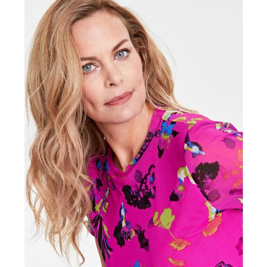 INC International Concepts Size XL Pink Printed Mesh Crewneck Top NWT