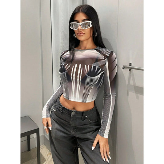 SHEIN ICON Women's Size S Gray Cyber Graphic Print Casual Sheer Crop Top NIB